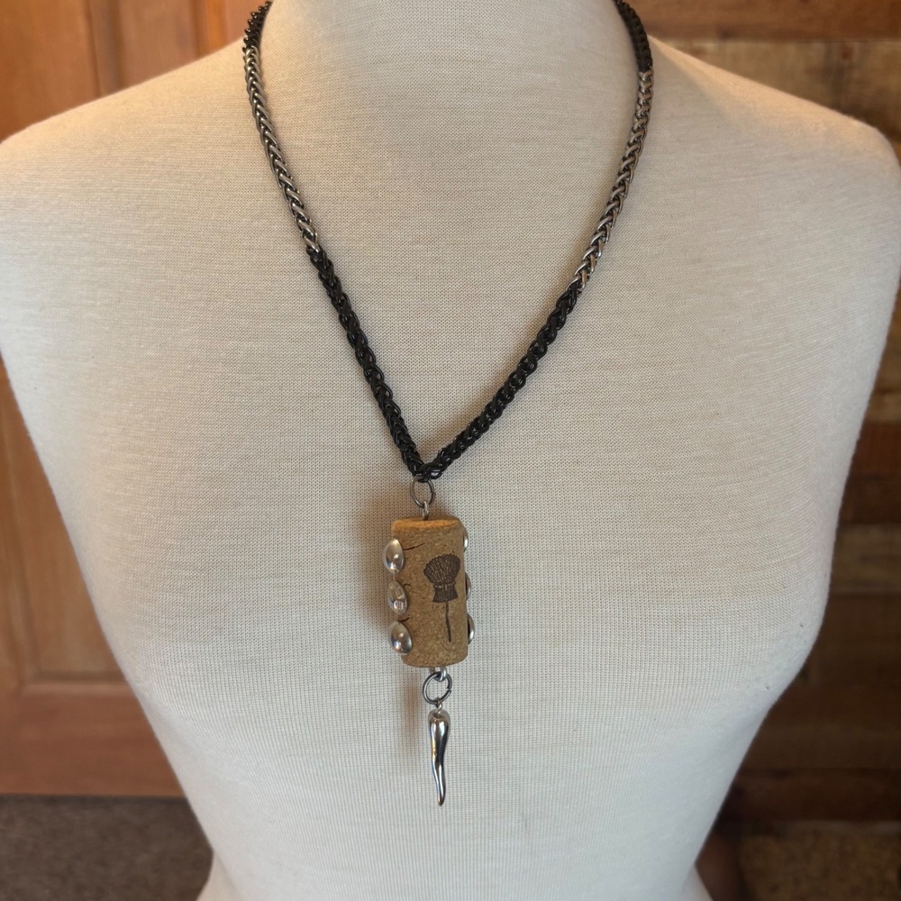Artisan Wine Cork Studded Pendant‎ Necklace Italian Cornicello Horn Mixed Media